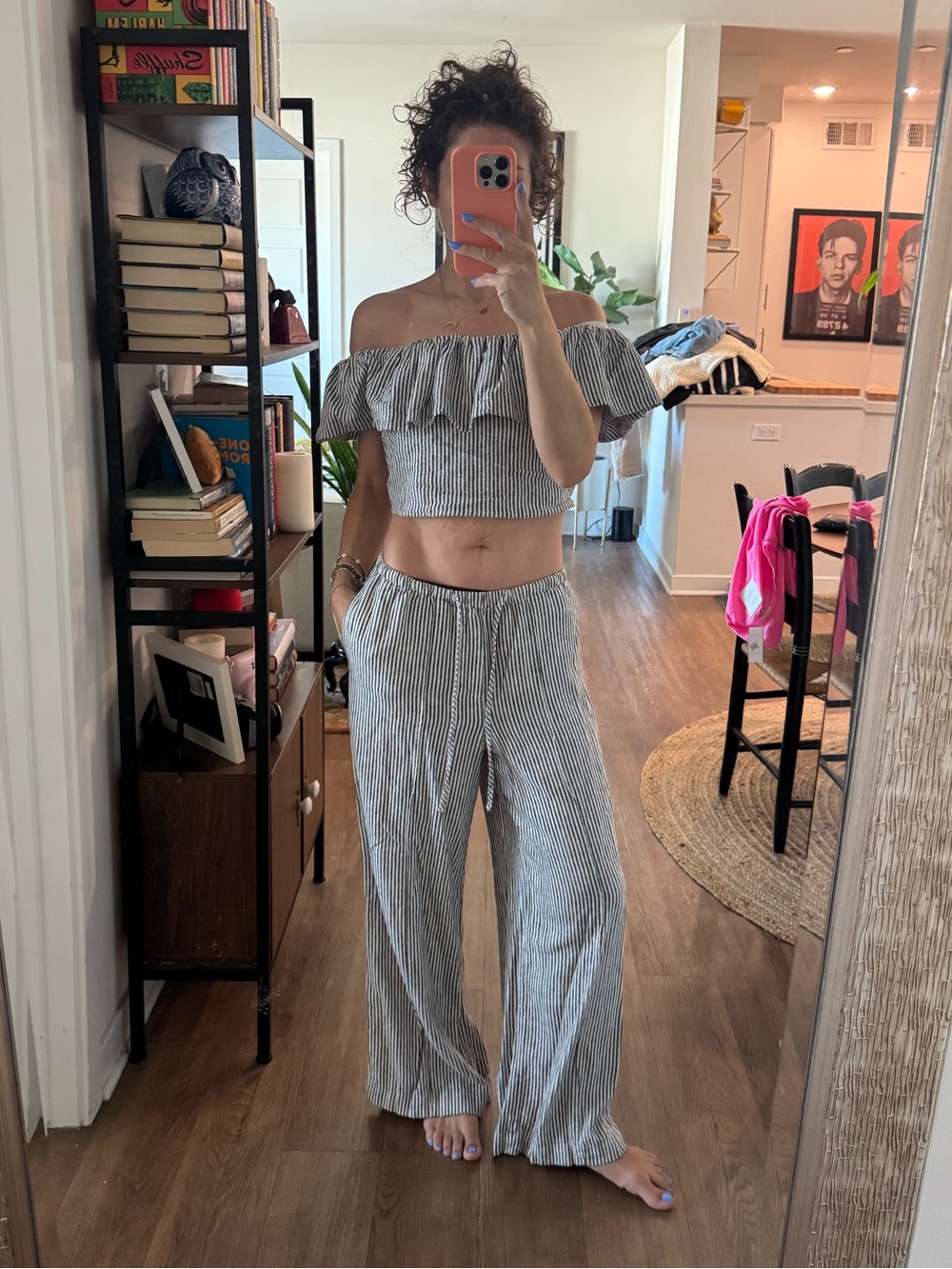 Striped Off-Shoulder Crop Top & Wide-Leg Pants Set - White/Gray